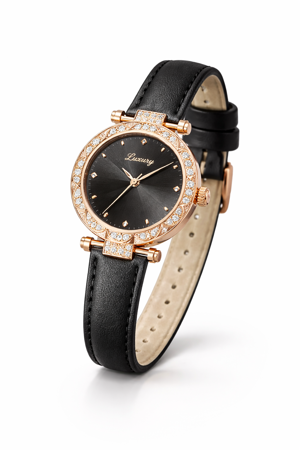 Reloj Elegante Negro con Detalles Rose Gold